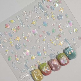 2 Sheet Aurora Nail Art Sticker Summer Nails Decals 3D Adhesive Stickers Jellyfish Shell Starfish Design Cute Nails Art Decals for Women Girls Holiday Manicure Decoration