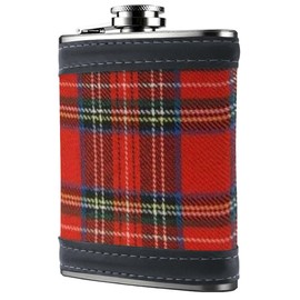 Scottish Tartan 6oz Hip Flask for Men - PU Leather Trim - Gift Box New Year, Christmas - Camping or Outdoors - Stainless Steel Leakproof - Checkered Red