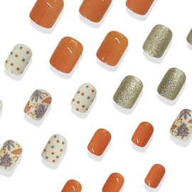 Fall Press on Nails Short Square Fake Nails with Leaves Polka Dots Designs Golden Glitter Nails Press ons Glossy Glue on Nails Orange Acrylic Nails Thanksgiving Stick on Nails for Women 24Pcs