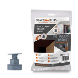 Space-Plug Adjustable Spacer Fixings (Mini Size for 15-35mm Gaps), 25 Pack of Grey Spacers, Professional & DIY use for Kitchen, Bedroom, Bathroom & Furniture installations