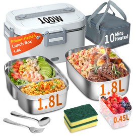 Electric Heated Lunch Box for Adults with 2 Pack 1.8L Containers, ON/OFF Power Switch & 0.6L Double Layer, Portable 100W 3-IN-1 Fast Heating Food Warmer for Men, ,12V/24V/110V for Car Truck Office