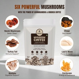 BARGAD Mushroom Coffee | 6 Adaptogen Mushrooms | Premium Instant Coffee With benefits of Lion's Mane, Chaga & Turkey Tail for Better Focus, Immune support, Energy, Digestion & Skin | 30 Servings