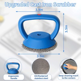 MEIXINZHI Cast Iron Scrubber, Cast Iron Skillet Cleaner+2 Pan Grill Scrapers Chain Mail to Clean Cast Iron Chain Mail Scrubber Cast Iron Chainmail Scrubber for Cast Iron Skillet (Blue)
