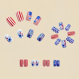 4th of July Press on Nails Medium Square Fake Nails Full Cover Flower and White Red Stripe False Nails Glossy Finish Gel Nail Tips Cute Independence Day Acrylic Nails Kit Stick on Nails for Women