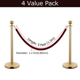 FVIEXE 4 Pack 5 Feet Burgundy Velvet Stanchion Rope, Crowd Control Ropes with Gold Clasps, Foam Core Queue Safety Sarriers Stanchion Post Rope for Party Event and Red Carpet