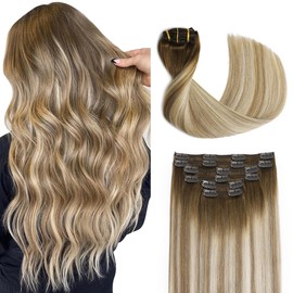 Sindra Clip-In Real Human Hair Extensions Real Human Hair Extensions Straight Balayage 40 cm Ombre Walnut Brown to Ash Brown and Golden Blonde 100 g 6 Pieces C#3/8/22 16 Inches