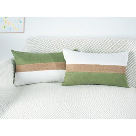 Pack of 2 Light Green Jute Rope Textured Patchwork Throw Pillow Covers, 12x20 Inch Soft Boho Neutral Decorative Cushion Cases for Couch, Bed and Living Room, Spring Farmhouse Aesthetic Home Decor