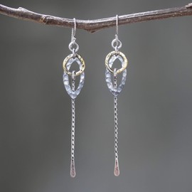 Marquis silver hammered texture earrings with brass circle and silver sticks on oxidized sterling silver hooks