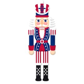 Nutcracker Shaped Embossed Metal Christmas Sign with Sawtooth Hanger for Wreath Accents, Garlands, Crafts, and Decorations (Red, White, Blue, 12" x 4" Inches)