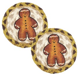 Gingerbread Man Christmas Drink Coasters, Braided Jute, Woven Coaster for Mugs and Cups, Holiday Décor, 5 Inches (Set of 2)
