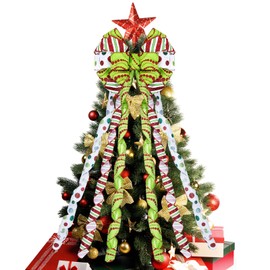 Christmas Tree Topper Bow, 48x13 Inches Large Christmas Bow Topper Bow, Red Green Dot Polyester Gift Bow for Xmas Ornament Holiday Home Wedding Thanksgiving Indoor/Outdoor Decoration (Green & Red)