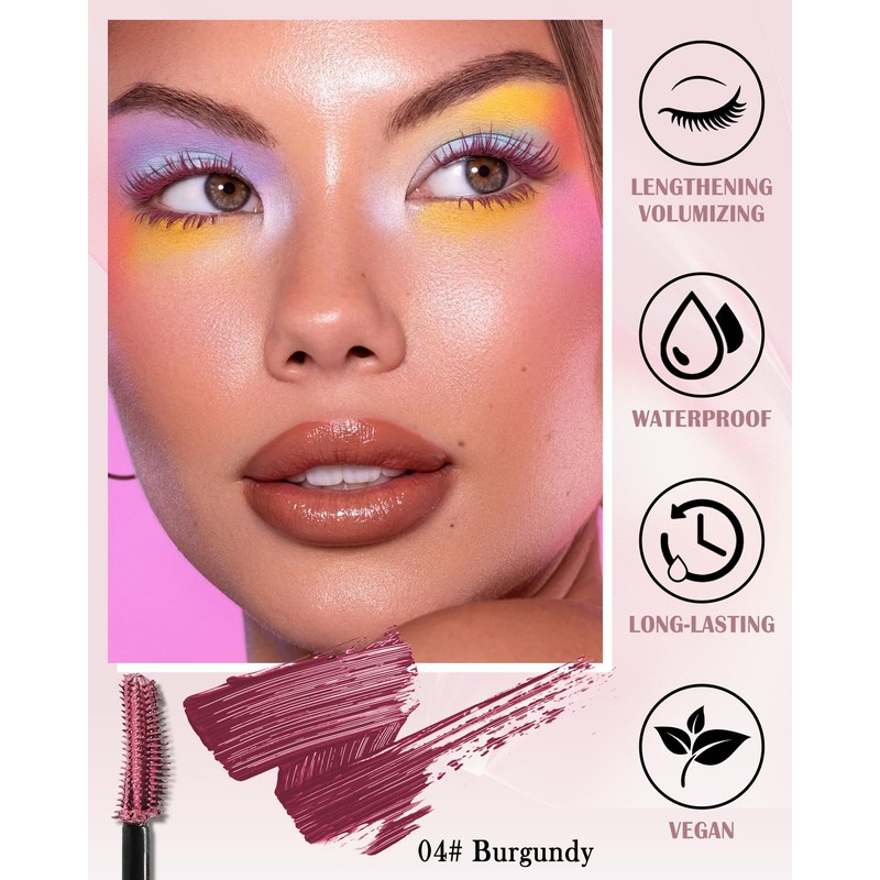 Burgundy Waterproof Mascara, Liquid Lash Extensions Mascara with Dual-Sided Brush,