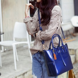 XingChen 3-PC Patent Women Handbag+Crossbody Bag+Card Bag Shiny Faux Leather Top Handle Satchel Shoulder Tote Bag Purses(Blue)