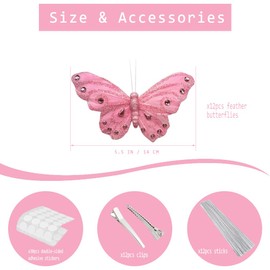12PCS Pink Feather Butterfly Decorations: Small Handmade Butterflies with Glitters and Rhinestones, Sticker for Wall Party Wedding Decor, Picks for Flower Arrangements, Clip for Hair
