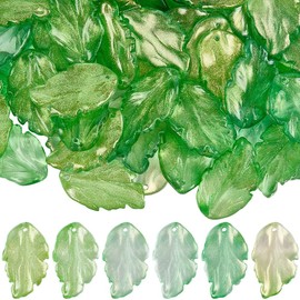 PONABEADIY 1 Box 70PCS Green Leaf Shape Glass Bead Leaves Crystal Top Drilled with Gold Dust Cute Wind Chimes Charms Spacer Loose Beads Bulk for Jewelry Making Earring Suncatcher DIY Craft Supply
