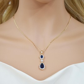 TIMEMATRIX Water Drop Pendant Necklace for Women, 18K Gold Plated Brass with Sapphire Blue Cubic Zirconia Gemstones Double WaterDrop Pendant
