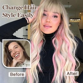 QYDEERY Blonde Mixed Pink Wig with Bangs for Women Synthetic Wigs Long Blonde Wavy Wigs Highlight Wigs for Daily Use 26 inch