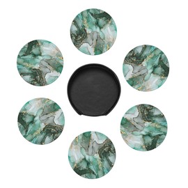 Marble Round Drink Coaster Set of 6 Pcs, Abstract Green Jade Gold Luxury Flow Liquid Modern Home Vintage Stone Printed Coaster Set