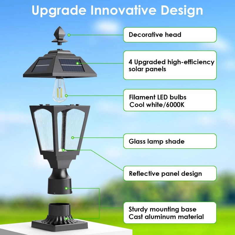 Benany Solar Post Lights Outdoor Waterproof, Aluminum Solar Lamp Post