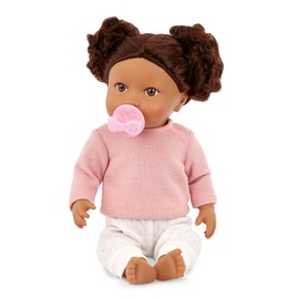 LullaBaby – 14-inch Realistic Baby Doll – Wavy Dark-Brown Hair, Brown Eyes & Soft Body – Pink Sweater Outfit, Elastics & Pacifier – Pretend Play – Toys for Kids Ages 2+ – Baby Doll with Brown Hair