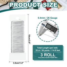 PATIKIL 26 Gauge Floral Flexible Paddle Wire, 115 Yard (345 Feet) Florist Wreath Wire for Crafts Flower Arrangement, Silver 3 Rolls