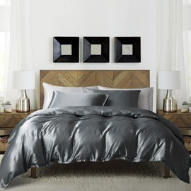 Gezu Satin Duvet Cover Dark Grey 200 x 200 cm Plain Smooth Silky Shiny Soft Silk Bedding with Zipper Closure Duvet Cover Double Duvet Cover with 2 Pillowcases 65 x 65 cm
