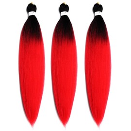 Pre Stretched Braiding Hair 26 Inch Ombre Red Braiding Hair Extensions Hot Water Setting Crochet Box Braids Hair (26 Inch (Pack of 3), Black-Red)