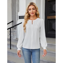 Blooming Jelly Women's Dressy Casual Tops Pleated Long Sleeve Shirts Business Fall Outfits 2024 (Medium, White)