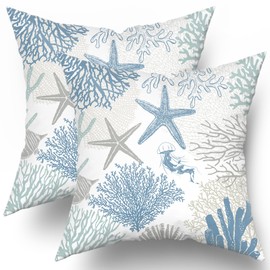 Coastal Nautical Throw Pillow Cover 18x18 inch Set of 2 Beach Themed Sea Coral Nautical Blue Pillowcases Ocean Summer Cotton Cushion Covers for Bed Sofa Room Decor