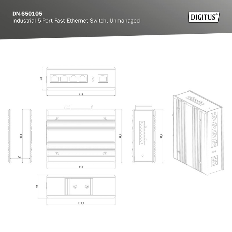 DIGITUS Network Switch - 5-Port Fast Ethernet - DIN-Rail Mounting
