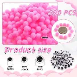 TOAOB 500pcs Pom Poms 1cm Craft Pom Poms Pink Fuzzy Pompoms Balls Arts and Crafts Supplies with Googly Wiggle Eyes for DIY Crafts Projects Home Decorations