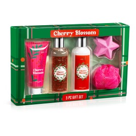 Freida & Joe Cherry Blossom Bath & Body Gift Set – 5-Piece Spa Collection for Women | Shower Gel, Body Lotion, Body Scrub, Bath Bomb | Relaxing Self-Care Kit, Birthday & Holiday Gift Box