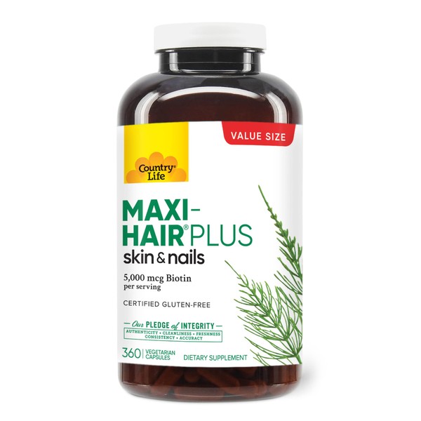 Country Life Maxi-Hair Plus 5000 mcg Biotin, 360 Capsules, Certified Gluten Free, Certified Vegetarian