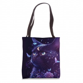 Black Purple Cat Witchy Crescent Moon Tote Bag