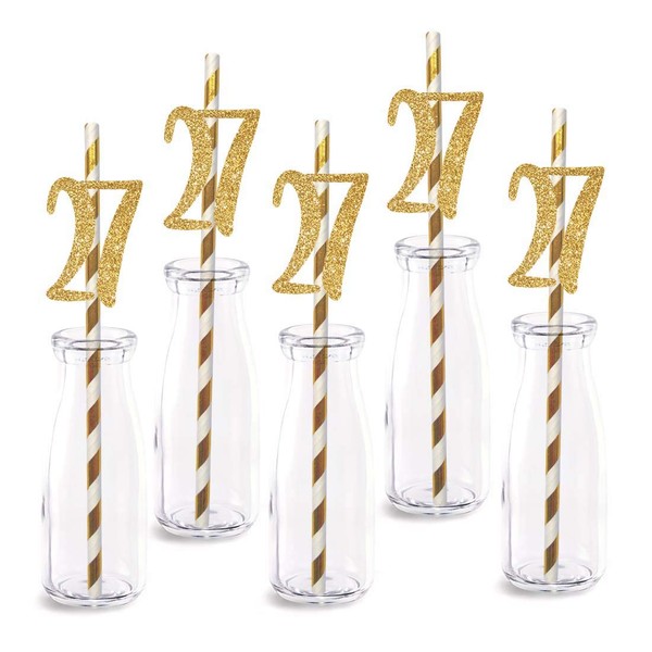 27th Birthday Paper Straw Decor, 24-Pack Real Gold Glitter Cut-Out Numbers Happy 27 Years Party Decorative Straws