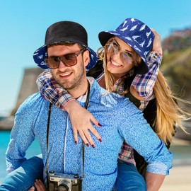 Fishing Hats Double-Sided Reversible Cartoon Sharks Print Fishing Hat Foldable Unisex Fisherman Hat for Hiking Camping Travel Fishing (56-58 cm), blue