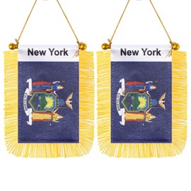 CANTENDO 2 Pack American US new York Window Hanging Flag,Mini USA new York State Car Flag with Pole Tassel Suction Cup Rearview Mirror Decoration(3x5 Inch)