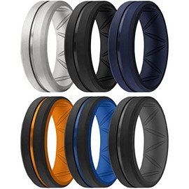 ThunderFit Silicone Wedding Rings for Men, Breathable Brushed Top Mid Line - 8.2mm Width 2.5mm Thick (Silver, Black, Dark Blue, Dark Blue H-Black, Orange-Black, Grey B-Black - Size 6.5 - 7 (17.3mm))