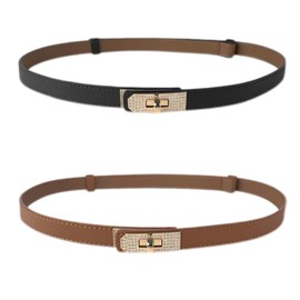 Lyoveu B-LT1 Women Thin Waist Belt for Dresses, Jeans, Coats, Sweater, Pants. Skinny Leather Belt with Adjustable Solid Color Alloy Turn-Lock Gold Buckle Inlaid Rhinestone Sparkle.