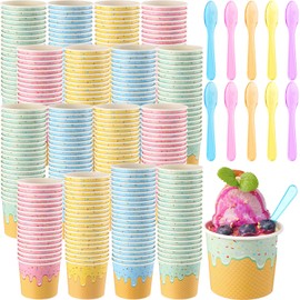 Ninehaoou 200 Pack 6 oz Paper Ice Cream Cups with Spoons Paper Dessert Cups Colorful Ice Cream Sundae Bowls Disposable Ice Cream Containers for Hot Soup Spring Summer Graduation Bar Party Supplies