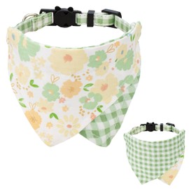 Gyapet Cat Collar with Bandana Detachable Tie Scarf Two-Sided Floral Flower Plaid Bell Safety 7-11in Green
