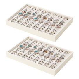 Ausalivan Stackable Jewelry Organizer Tray For Drawers,White Leather Small Earring Storage Tray,Bracelet And Necklace Display Box,Jewelry Ring Display Case (Creamy White 80 Grids Ring)