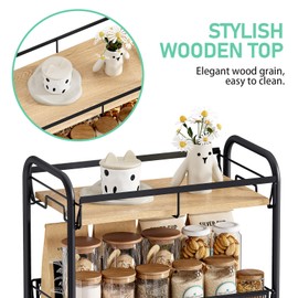 KINGRACK Metal Slim Rolling Cart,4-Tier Metal Utility Cart,Storage Cart with Wooden Tabletop, for Narrow Space on Laundry Bathroom Kitchen Room Bedroom Apartments Dormitory (Pure Black, Wide)