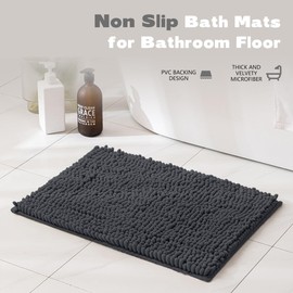 MEGAROOM Non Slip Chenille Bath Mat 40 x 60 cm - Soft and Non-Slip Anti Mould Bath Mats for Safety and Comfort - Water Absorbent and Quick Drying to Keep Bathroom Hygienic and Clean (Dark Grey)