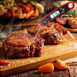 Meat Thermometer with Digital LCD, Ultra-Fast Instant Read, Magnetic Back, Waterproof, Ideal for Grilling, Cooking, BBQ, Deep Fry, Baking - Color: RED, set: 1 Pack