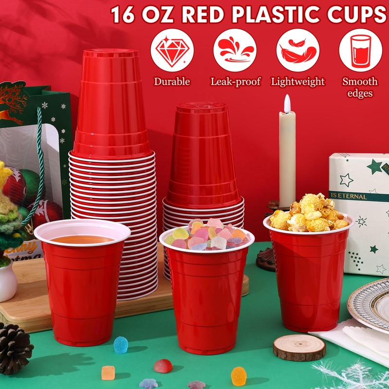 Dualshine 100 Pack Red Plastic Cups 16 oz, Disposable Cups
