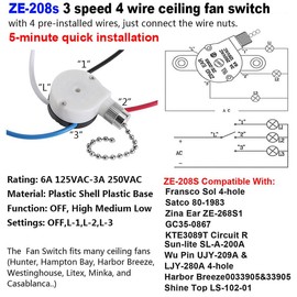 Akahttbn Ceiling Fan Switch ZE-208s E89885 3 Speed 4 Wire Fan Light Switch Replacement Part Speed Control Pull Chain Switch (Nickel Chain)