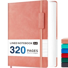 NIRMIRO A4 Notebook Lined, Large A4 Notepad Journal Notebook Hardback with 320 Pages Premium Thick Paper for Work Writing, Leather Note Book Note Pad with Inner Pocket, Sticky Notes, Pink