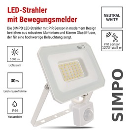 EMOS SIMPO LED Spotlight 30 W with Motion Sensor Super Bright 3000 lm IP44 Waterproof Floodlight for Wet Room or Outdoor Use Neutral White 4000 K Service Life 15000 Pieces 15 cm Connection Cable White