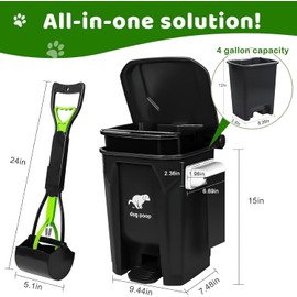 Uppcasir Dog Poop Trash Can Outside with Foldable Pooper Scooper, 20L/5Gallon Dog Waste Trash Can with Lid and 100 Bags, Pedal and Removable Inner Waste Bin, Black